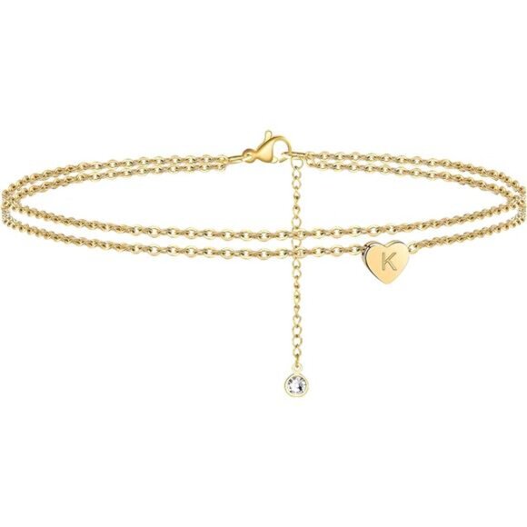 Heart Initial Ankle Bracelets for Women, 14K Gold Filled Handmade Dainty Layered - Picture 1 of 7